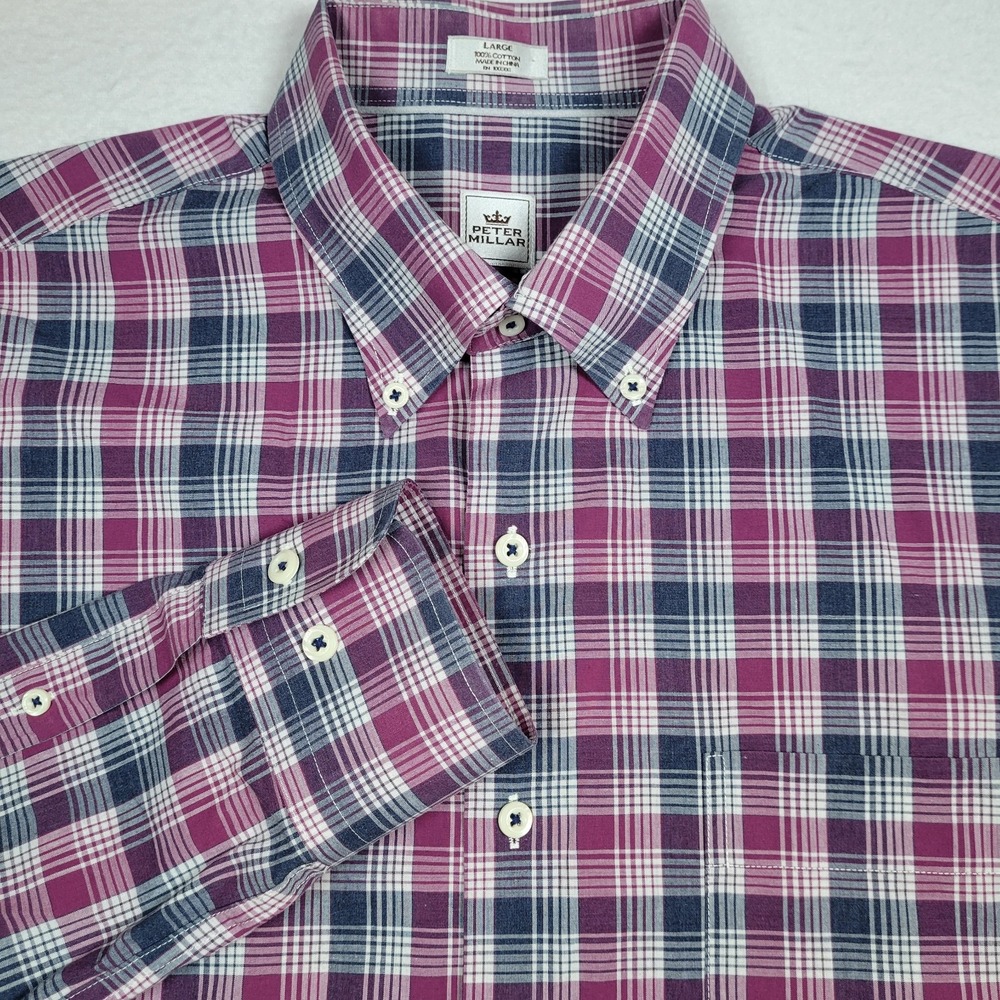 Peter Millar Men's Multicolor Plaid Long Sleeve Button Down Size L 100% Cotton